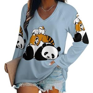 Comfy Bed Panda Wasbeer Konijn Hamster Vrouwen Casual Lange Mouw T-shirts V-hals Gedrukt Grafische Blouses Tee Tops 4XL