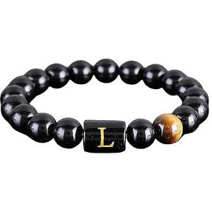 Armband Kristalarmband, Initialen 26 Letters Armband Natuurlijke Zwarte Parel Tijgeroog Steen Armband Kristal Yoga Chakra Armband Polsbandje Stretch Armbanden for dames Heren (Color : Letter L)