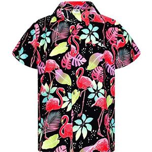 King Kameha Heren Funky-Flamingo's Hawaïaans shirt met korte mouwen nieuwigheid zomer-vibes, funky-flamingo's, zwart, XS, Funky-flamingos-design-zwart, XS