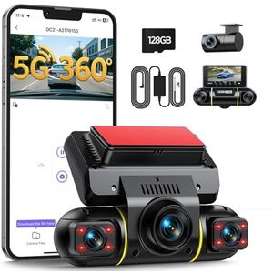 LAMTTO 360 Graden Dash CamDashcam Auto Voor Achter 5G WiFi APP-bediening 4 Kanalen Ingebouwde Camera Auto Parkeerbewaking Nachtzicht IR Bekabelingsset voor SD 128GB inbegrepen