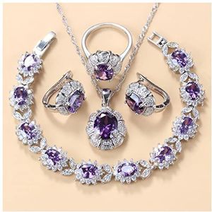 Oorbellen 925 zilveren ketting en oorbellen sieraden sets for vrouwen mode-accessoires Groen zirkoon bedelarmband en ring sets Oorbellen voor dames (Color : Purple 4PCS, Size : 7)