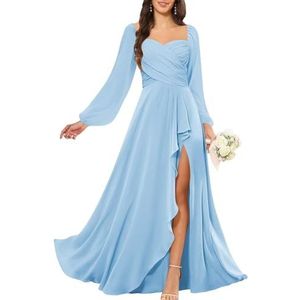 KURFACE Bruidsmeisjesjurken met lange mouwen en split voor dames, geplooid, chiffon, bruidsmeisje, vloerlengte, formele feestjurk, Lichtblauw, 32