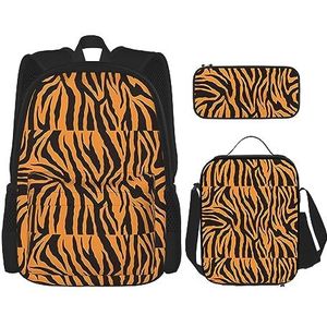Oranje tijgerluipaard (1) Rugzak met grote capaciteit, lunchtas, pennenzak, 3-delige set voor kantoor, reizen, kamperen, uniseks, Zwart, Eén maat