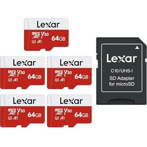 Lexar Micro SD Kaart 64GB 5-Pack E-Serie, microSDHC UHS-I Geheugenkaart met Adapter - Tot 100 MB/s, C10, U1, A1, V30, Full HD, Hoge Snelheid TF-kaart (5 microSD-kaarten + 1 Adapter)