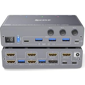4K @60Hz USB C HDMI DP Dual Monitor KVM Switch 2 PC 1 Laptop Share 2 monitoren en 4 USB 3.0 Ports, EDID Simulatie, PD 60W voor laptop, met kabelafstandsbediening en USB-kabel