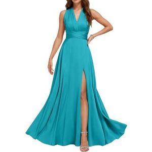 Chiffon bruidsmeisjesjurken voor dames, met split, lange baljurken, cocktailjurken, grote maten, Aqua, 32