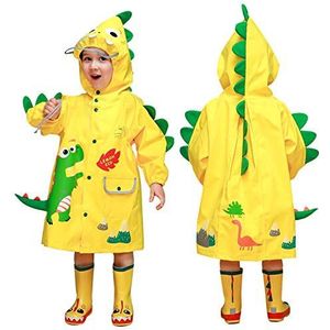 JinBei Kinderen Jongen Regenjas Capuchon Waterdichte Poncho Regenkleding Regen Cape Dragen Leuke 3D Cartoon Patroon Ademend Regenpak, Reflecterende Strepen, Geel Dinosaurus 2-3 Jaar
