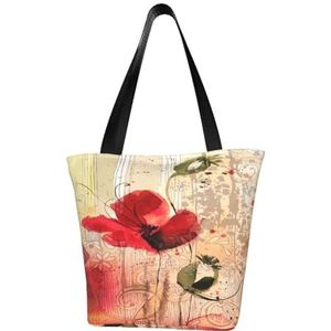 Schoudertas, canvas draagtas grote tas vrouwen casual handtas herbruikbare boodschappentassen, rode klaproos bloem beige bloemen, zoals afgebeeld, Eén maat