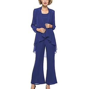 Dames broek pakken kristal pailletten chiffon jas outfit plus size volledige mouwen moeder van de bruid jurk bruiloft bruidegom jurken, koningsblauw, 48