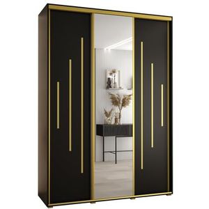 MEBLE KRYSPOL Davos 13 180 Kledingkast met drie schuifdeuren voor slaapkamer - Moderne Kledingkast met spiegel, kledingroede en planken - 235,2x180x60 cm - Zwart Zwart Goud