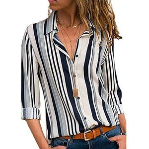 Blouse Gestreept Dames Shirt Tops V-hals T-Shirt Losse Casual Chiffon Lange Mouwen T-Shirt Top Tuniek Elegant Shirt met Lange Mouwen Casual Shirt Blouse Dames Casual Lange Mouwen Losse Shirt Blouse Tops, A-wit, M