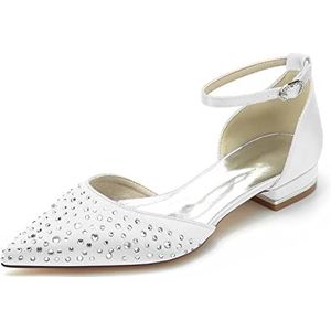 EICOFF Flats Bruiloft Bruidsschoenen Dames Lage Hakken Strass Puntige Gesloten Teen Enkelbandje Prom Partij Dans Trouwschoenen,Wit,36 EU
