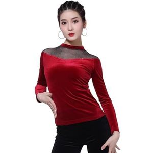 Yhsgscr Dames fluwelen Latin tops Lange mouwen Ballroomkleding Tango trainingsoutfit Salsa Cha Cha performance danskleding Elastisch en ademend,Rood,3XL