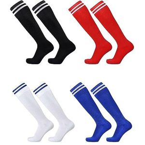 MIVAIUN 4 paar lange voetbalsokken voor kinderen, elastische trainingssokken, sportsokken, kniehoge voetbalsokken voor hardlopen, training, sport, jongens en meisjes van 5-12 jaar, zwart, blauw, wit,