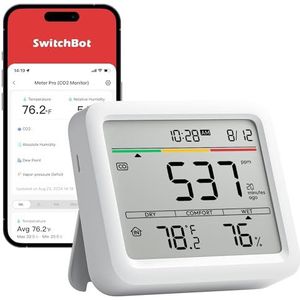 SwitchBot Binnenluchtkwaliteitsmeters CO2 Detector, Temperatuur- en Luchtvochtigheidsmonitor met App, Bluetooth Luchtkwaliteitsmeter voor Thuis, SwitchBot Hub is vereist voor Wi-Fi-verbinding