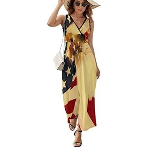 Retro Amerikaanse vlag met adelaar dames lange jurk mouwloze maxi-jurk zonnejurk strand feestjurken avondjurken L