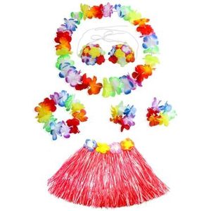 Dames meisjes hoelarok 40 cm 5 stks/6 stuks Hawaiiaanse hoelagras dansrok met Leis kostuum elastisch gras Hawaiiaanse bloem armbanden hoofdband ketting (kleur: rood, maat: 40 cm 5 stuks)