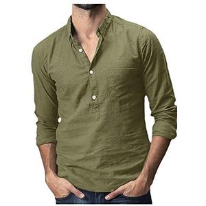 Homeilteds Zomer heren katoen linnen effen multi-pocket korte mouw turn-down kraag shirts shirt casual (kleur: legergroen, maat: L.)