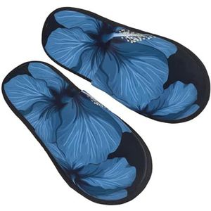 BONDIJ Blauwe pantoffels met hibiscusprint, zachte pluche huispantoffels, warme instappers, gezellige pantoffels voor binnen en buiten, Zwart, one size