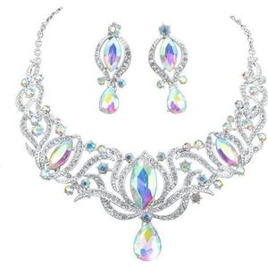 Zilveren Strass Kristal Bruids Sieraden Sets Ketting Oorbellen Vrouwen Bruiloft Accessoires, Witte diamant