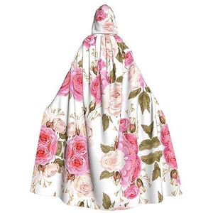 Bxzpzplj Unisex volledige lengte capuchon mantel volwassen cape carnaval party cosplay kostuum mantel 185cm bloemen bloem roos roze