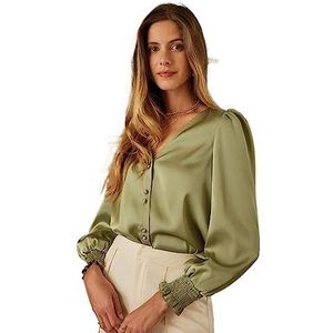 dames topjes Blouse met V-hals, knopen aan de voorkant en pofmouwen (Color : Olive Green, Size : Small)