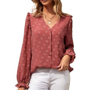 dames topjes Blouse met Zwitserse stippen en ruches en uitlopende mouwen - Redwood, casual, V-hals, lange mouwen (Color : Redwood, Size : Small)