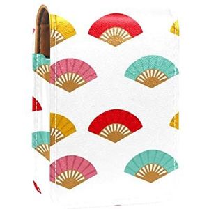 Spaanse Fan Patroon Blauw Rood Roze Geel Lipgloss Houder Lippenstift Case Draagbare Mini Lipstick Opbergdoos Reizen Lipstick Organizer Case met Spiegel voor Vrouwen, Meerkleurig, 9.5x2x7 cm/3.7x0.8x2.7 in