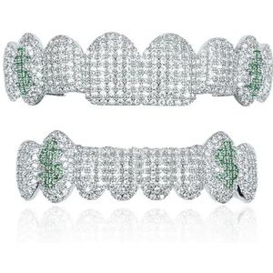 Set Van 8 Vergulde Tandengrills met Schitterende Details, Luxe Kubieke Zirkonia'S en Imitatiediamanten voor Hiphop-Tandjes(Silver green)