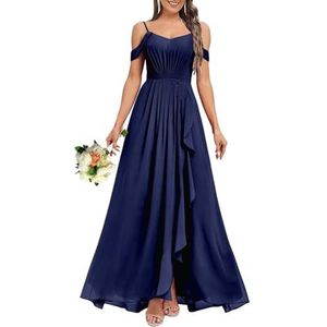 HPPEE Dames V-hals koude schouder bruidsmeisjes jurken met split ruches chiffon formele avondjurk, Donkerblauw, 32