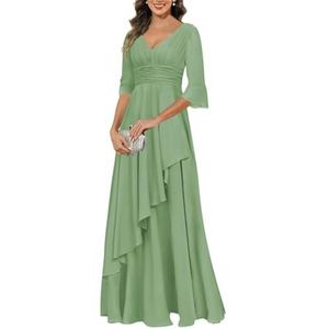 KIYNE Jurken voor dames, V-hals, moeder van de bruid met mouwen, geplooide ruches chiffon formele avondjurk, Sage Groen, 32