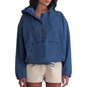 QOUERUUE Denim Sweatshirt Hoodie voor Vrouwen Lange Mouw Button Down Mode Trui Jean Jas Tops met Zak, Donkerblauw, L