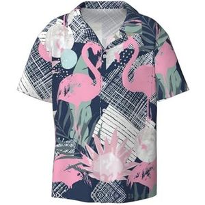 OdDdot Roze Flamingo en Bladeren Print Heren Button Down Shirt Korte Mouw Casual Shirt Voor Mannen Zomer Business Casual Jurk Shirt, Zwart, M