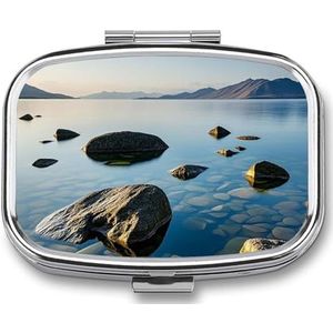 Basalt at Sunset Bedrukte Draagbare Pillencontainer Reizen Pillen Gevallen met Spiegel 2 Compartiment Geneeskunde Doos Decoratieve Metalen Geneeskunde voor Pocket Portemonnee Reizen Dagelijks