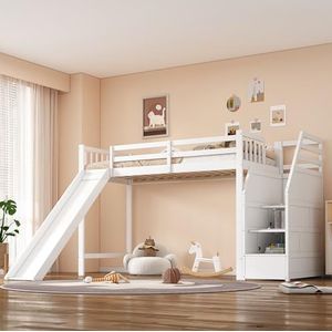 YuQozii 90 x 200 cm, hoogslaper, kinderbed, met glijbaan, ladder, EN747-gecertificeerd, zonder matras, wit