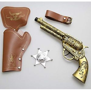 DAGUYS 4 Stks Copslay Maskerade Rekwisieten Retro Western Cowboy Gun Speelgoed Wapen Pistool Holster Riem Hoofdstuk Plastic, Goud