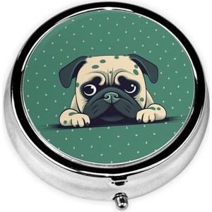 Pillendoosje met spiegel, retro pillendoosje met 3 vakken, mopshond, groene stippen, kleine pillenorganizer voor portemonnee of zak, decoratieve metalen medicijnen, vitamine-organizer, unieke