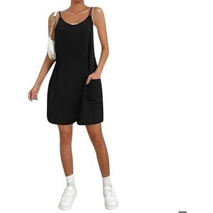 BANGHA Jumpsuits Voor Vrouwen Zomer Casual Mode Comfortabele Gebreide Casual Vrouwen Effen Zwarte Kleur Bretels Losse Brede Been Met Zakken Bretels, Zwart, XL