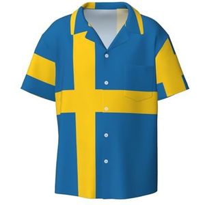 EdWal Zweedse Vlag Print Heren Korte Mouw Button Down Shirts Casual Losse Fit Zomer Strand Shirts Heren Jurk Shirts, Zwart, XXL