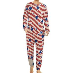 USA Patriottische sterren en strepen comfortabele heren pyjama set ronde hals lange mouwen loungewear met zakken XL