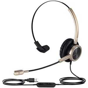 Yexatel USB Headset met Microfoon Ruisonderdrukking voor PC Computer voor Zoom Skype Video Conferencing Online Vergadering Remote Werk Spraakherkenning Inline Mute Knop Volume Controle Goud Enkele Oor