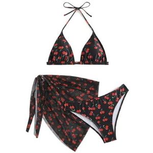 Vrouwen Chique Kersen Print Bikini Sets Drie Stukken Met Mesh Rok Badpak Zwemkleding Badpak Strand Outfits(Color:Style 3,Size:L)