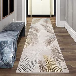 Teppich-Traum FLURsmalle gang | Designer tapijt woon- en slaapkamer palmtakken crème grijs goud grootte 80 x 300 cm
