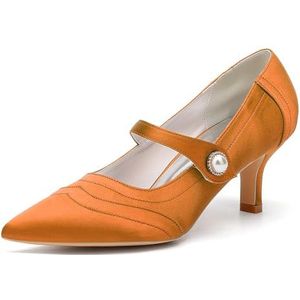 KYEGLO Satijnen Damesschoenen Met Spitse Neus En Enkelbandje, Gesloten Neus, Lage Hakken, Perfect Voor Bruiloften En Schoolfeesten,Oranje,36