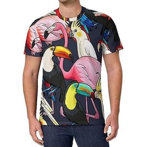Tropical Birds Flamingo Parrot T-shirt met korte mouwen voor heren, casual ronde hals, modieus, zomertops