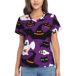 Dames Zomer Tops Korte Mouw Casual Shirts Voetbal Mode Tee 2025 Basics V-hals Lichtgewicht Ademend T-shirt, Paarse Halloween Horror, L