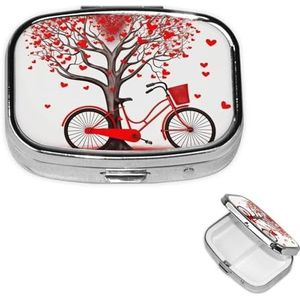 Mini metalen pillenorganizer - 2 compartimenten reizen pillendoos lichtgewicht zak pillendoosje Valentijnsdag fiets boom rood hart cyclus wekelijkse medicatie koffer voor vitamines en medicijnen