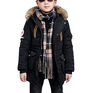 AnyuA Grote jongens kinderen effen kleur dikker jas zak jassen met faux bont capuchon, Zwart, 150