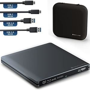 techPulse120 Externe USB 3.1 Type-C UHD Blu-Ray CD DVD brander van aluminium voor computer, Windows MacOS Deluxe Pack grijs