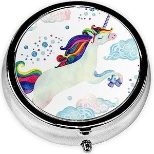 Aquarel Vliegende Eenhoorn Gedrukt Pil Organizer Pil Doos Pil Case Draagbaar voor Portemonnee Pocket Ronde Metalen Pil Houder Organizer voor Dagelijkse Geneeskunde